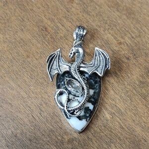 Silver Dragon Pendant with Black and White Stone